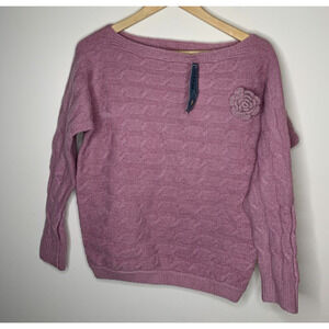 Military Hippie Women L/XL Sweater Chunky Off Shoulder Purple Wool Mohair Flower